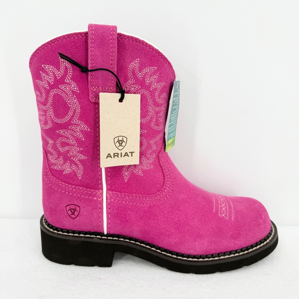 Ariat Girls Fatbaby Western Boots Hottest Pink Suede Leather Size 3 Pull-on NWOB